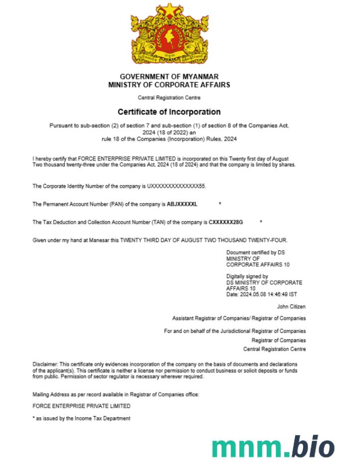 Myanmar business registration vcertyfikat Word i szablon PDF